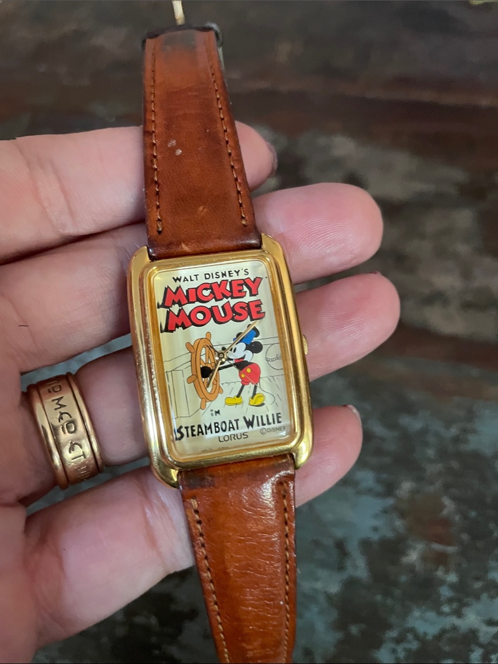 Mickey Mouse Steamboat Willie Gold-Tone Watch with Brown Leather Strap